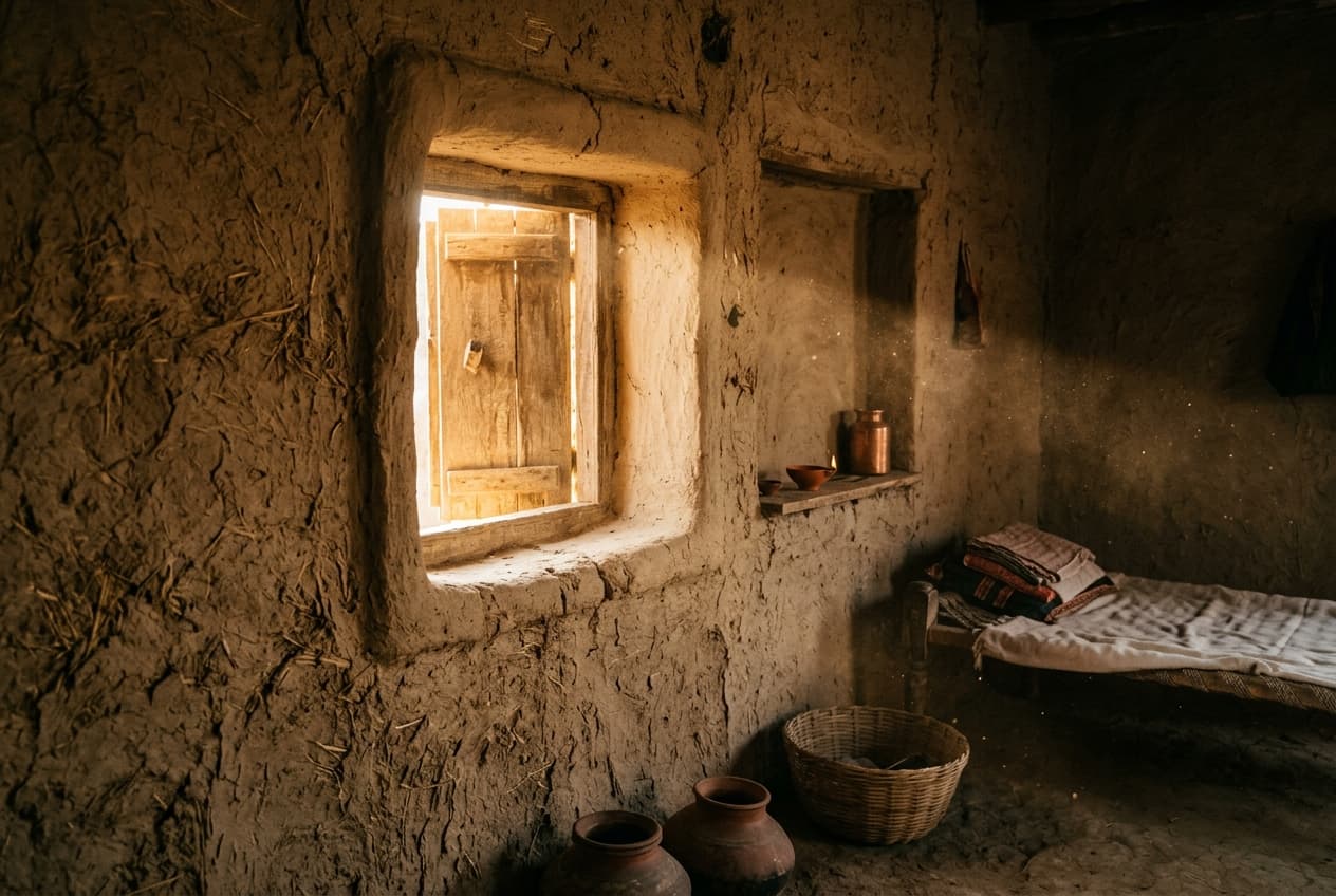 Golden sunlight filtering through a rustic clay window of a mud wall in Punjab